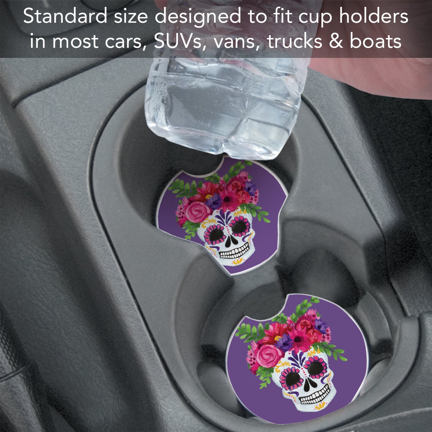 Skull Flowers 2 Pack Absorbent Stone Car Coasters 2.6" Manufactured in the USA