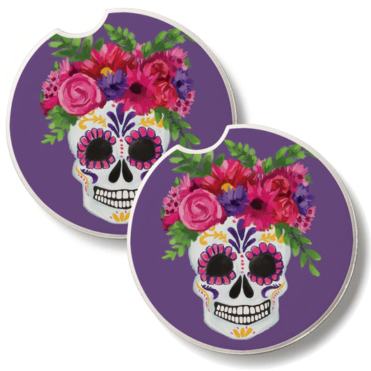 Skull Flowers 2 Pack Absorbent Stone Car Coasters 2.6" Manufactured in the USA