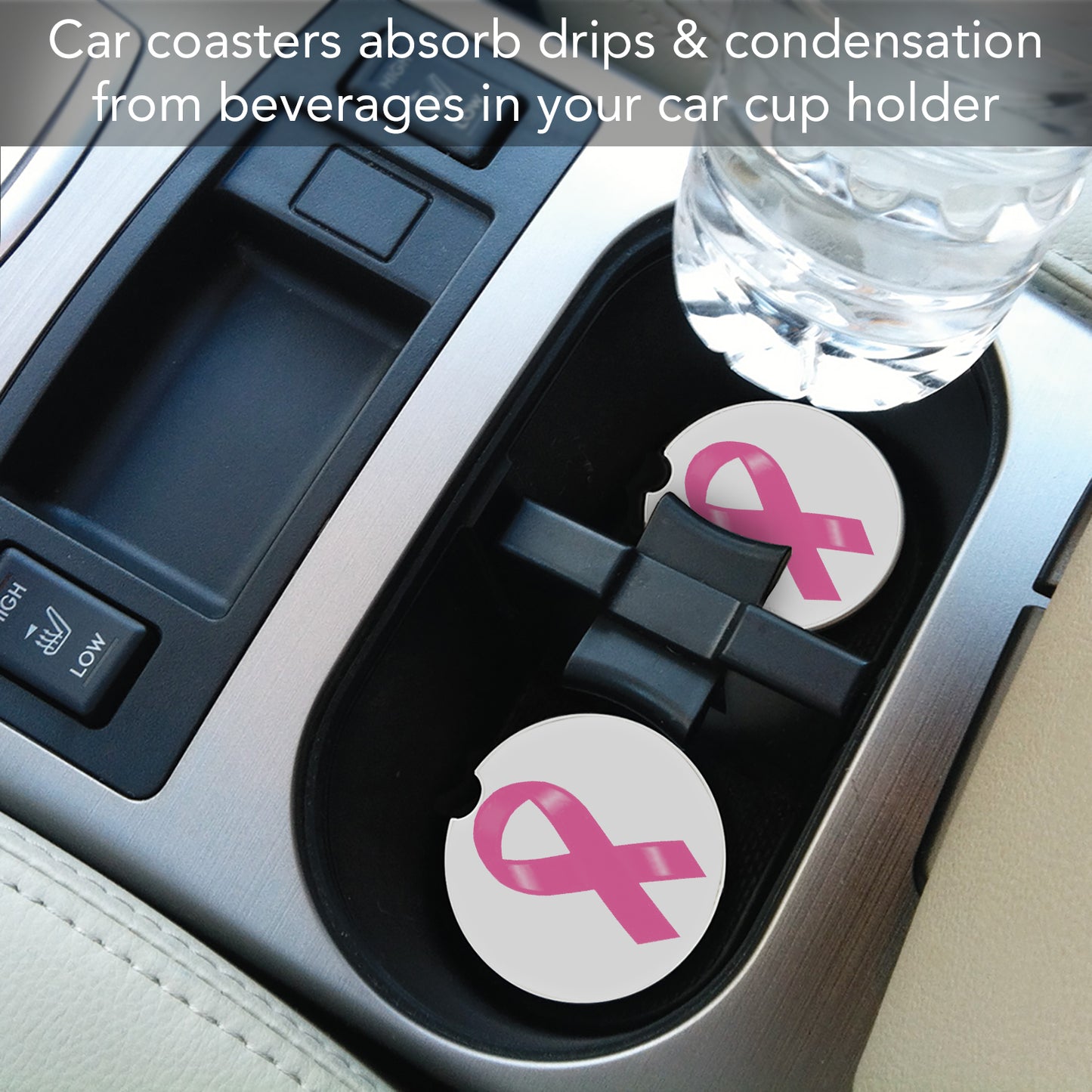Breast Cancer Ribbon 2 Pack Absorbent Stone Car Coasters 2.6" Manufactured in the USA