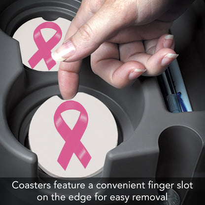 Breast Cancer Ribbon 2 Pack Absorbent Stone Car Coasters 2.6" Manufactured in the USA