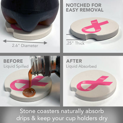Breast Cancer Ribbon 2 Pack Absorbent Stone Car Coasters 2.6" Manufactured in the USA