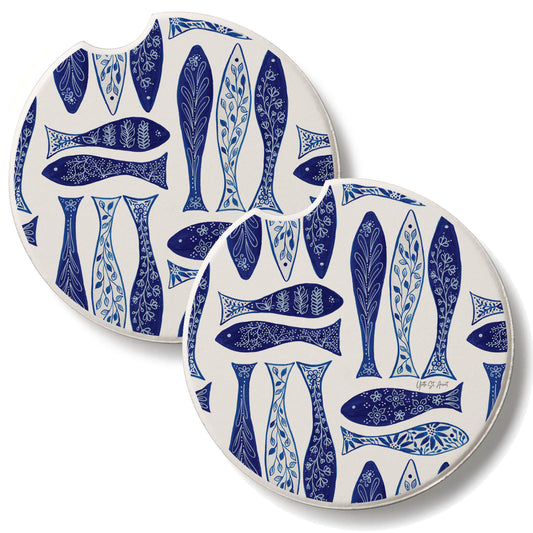 Blue Fish 2 Pack Absorbent Stone Car Coasters 2.6" Manufactured in the USA