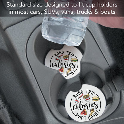 Road Trip Calories 2 Pack Absorbent Stone Car Coasters 2.6" Manufactured in the USA