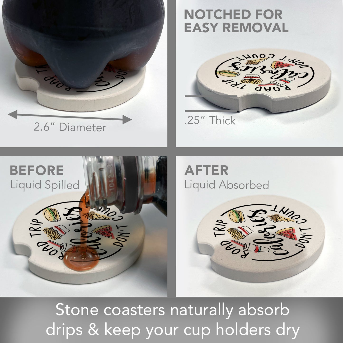 Road Trip Calories 2 Pack Absorbent Stone Car Coasters 2.6" Manufactured in the USA