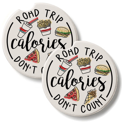 Road Trip Calories 2 Pack Absorbent Stone Car Coasters 2.6" Manufactured in the USA