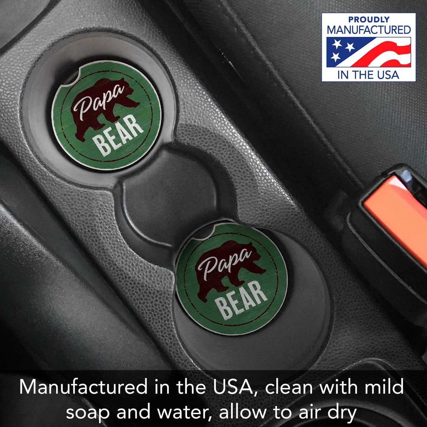 Papa Bear 2 Pack Absorbent Stone Car Coasters 2.6" Manufactured in the USA