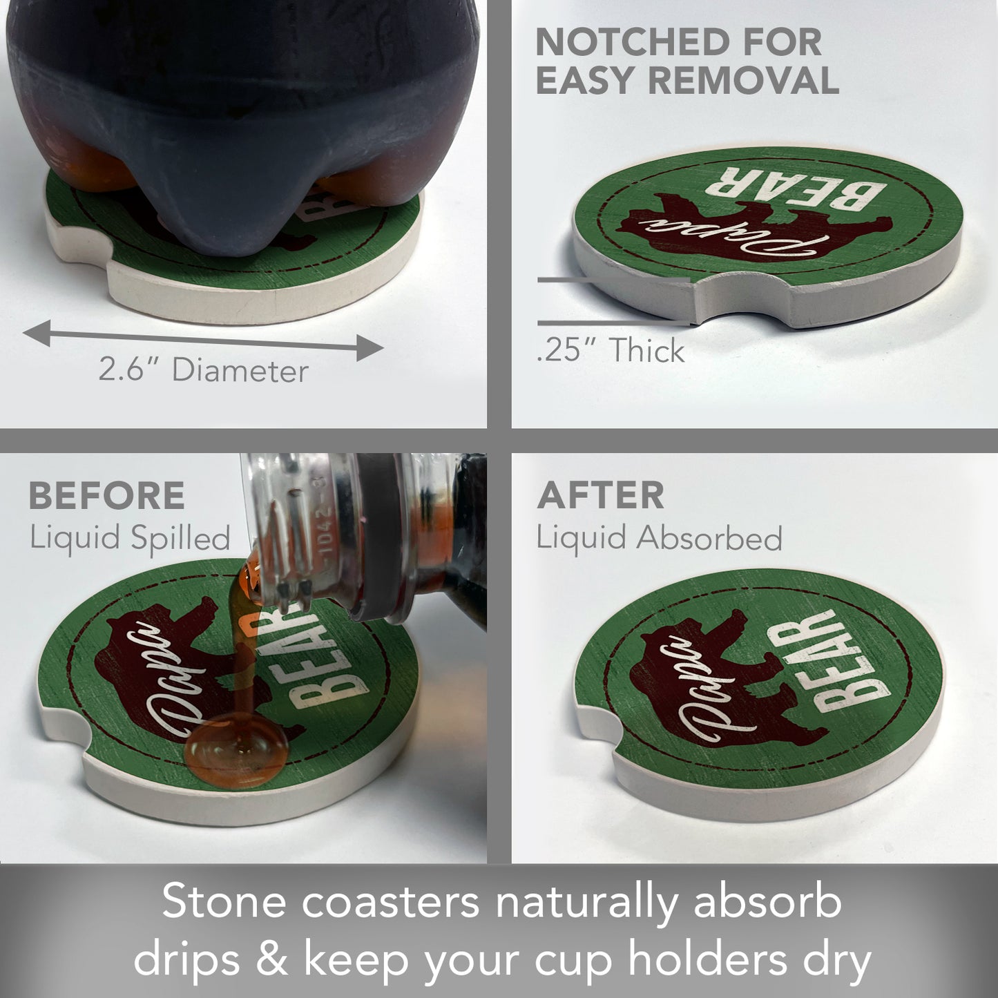 Papa Bear 2 Pack Absorbent Stone Car Coasters 2.6" Manufactured in the USA