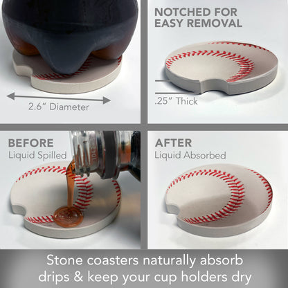 Baseball 2 Pack Absorbent Stone Car Coasters 2.6" Manufactured in the USA