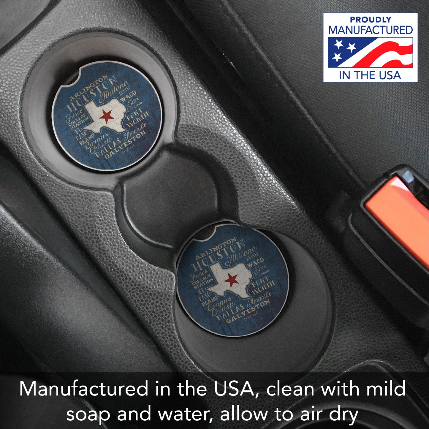 Texas Cities 2 Pack Absorbent Stone Car Coasters 2.6" Manufactured in the USA