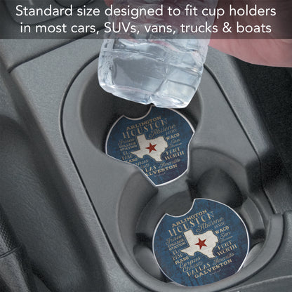 Texas Cities 2 Pack Absorbent Stone Car Coasters 2.6" Manufactured in the USA