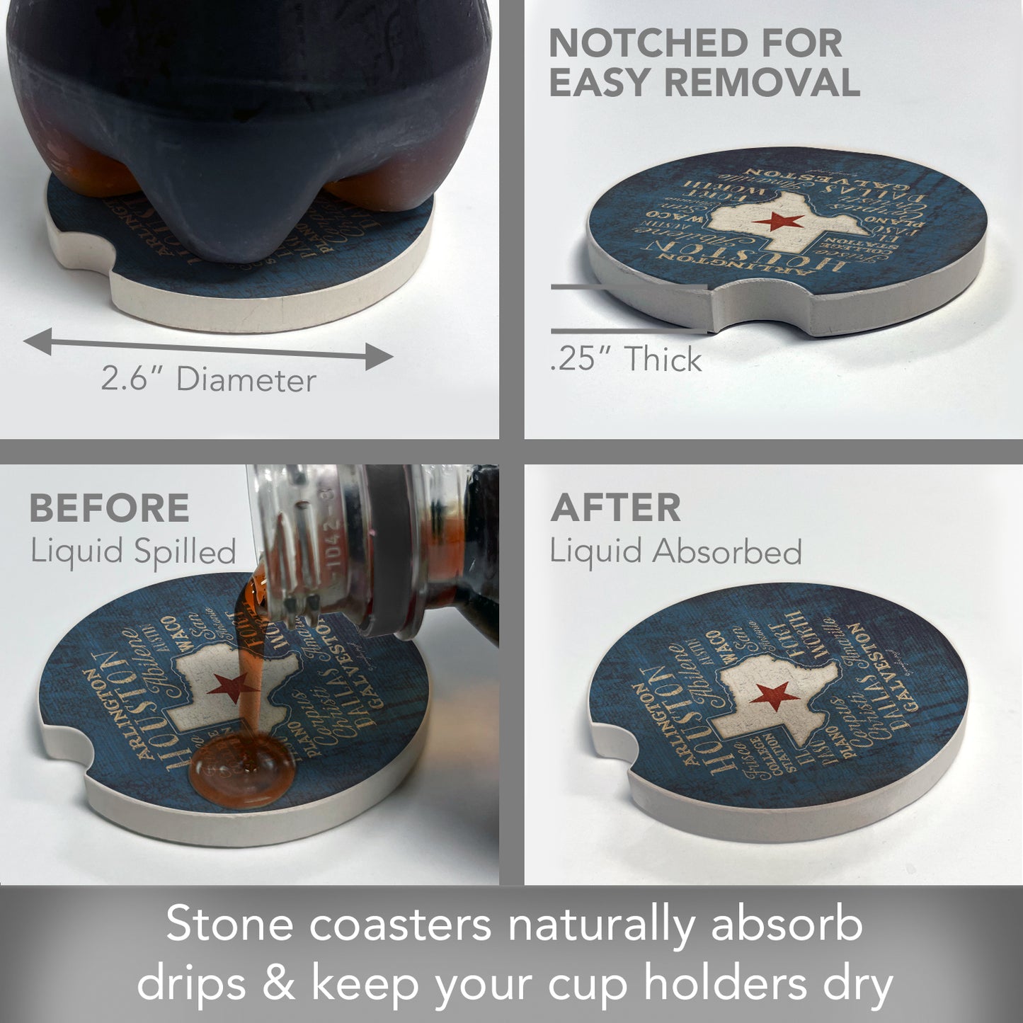 Texas Cities 2 Pack Absorbent Stone Car Coasters 2.6" Manufactured in the USA