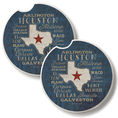 Texas Cities 2 Pack Absorbent Stone Car Coasters 2.6" Manufactured in the USA