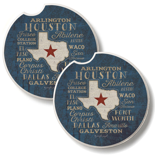 Texas Cities 2 Pack Absorbent Stone Car Coasters 2.6" Manufactured in the USA