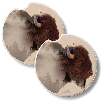 Buffalo Scene 2 Pack Absorbent Stone Car Coasters 2.6" Manufactured in the USA