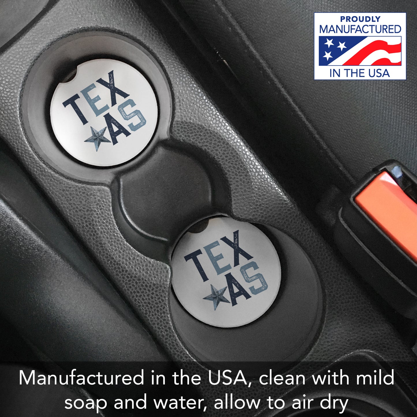 Patriotic Texas 2 Pack Absorbent Stone Car Coasters 2.6" Manufactured in the USA