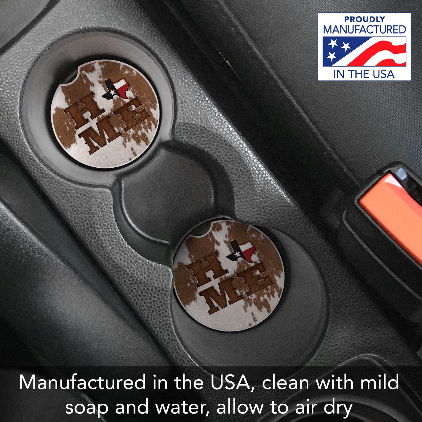 Texas Cowhide Home 2 Pack Absorbent Stone Car Coasters 2.6" Manufactured in the USA