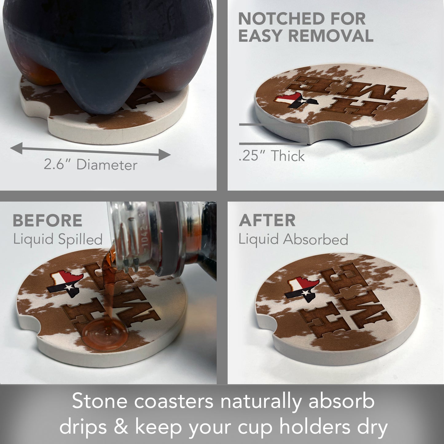 Texas Cowhide Home 2 Pack Absorbent Stone Car Coasters 2.6" Manufactured in the USA