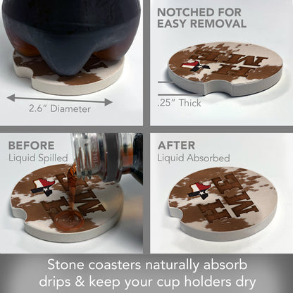 Texas Cowhide Home 2 Pack Absorbent Stone Car Coasters 2.6" Manufactured in the USA