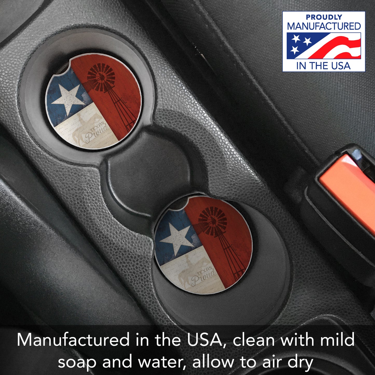 Texas Proud 2 Pack Absorbent Stone Car Coasters 2.6" Manufactured in the USA