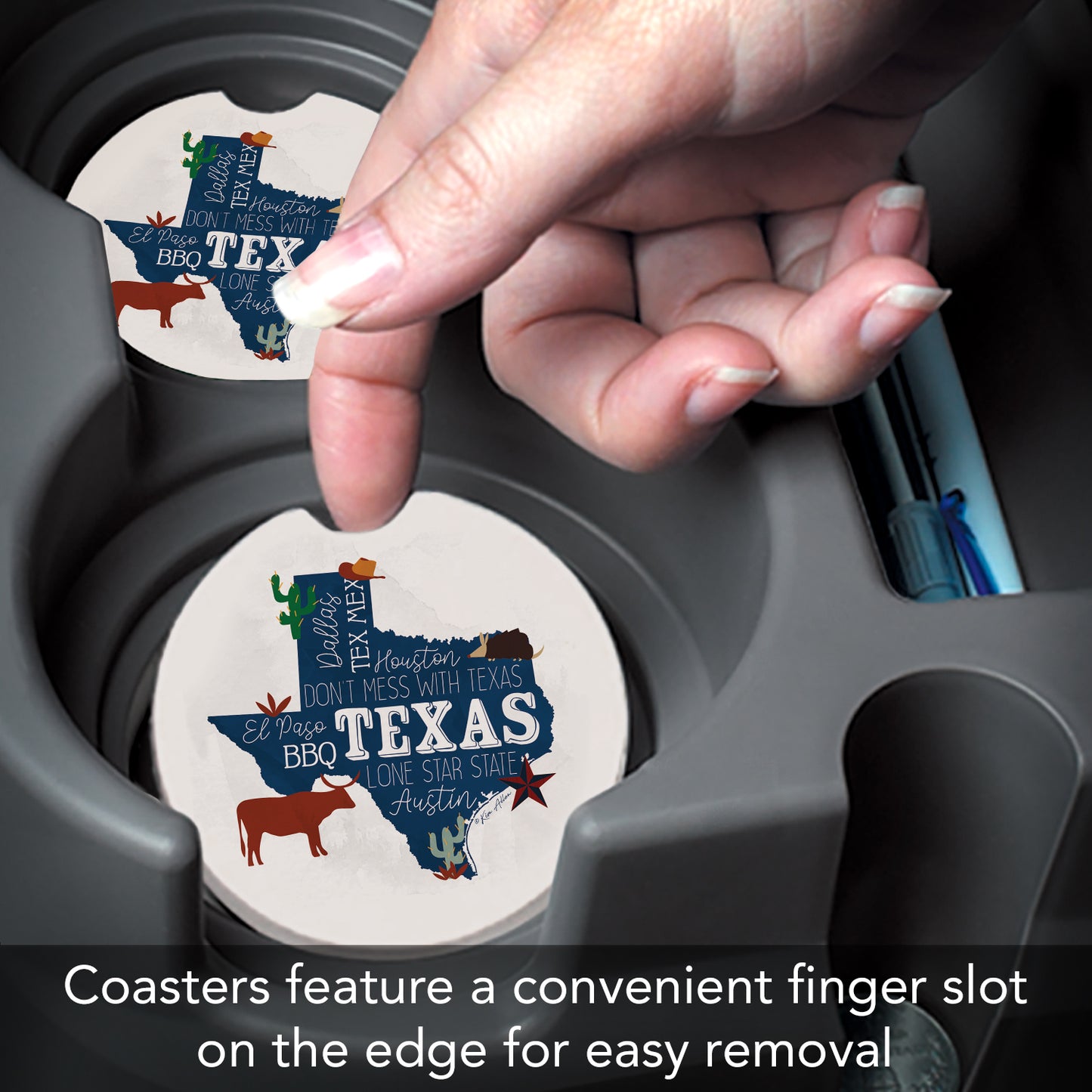 Texas Favorites 2 Pack Absorbent Stone Car Coasters 2.6" Manufactured in the USA