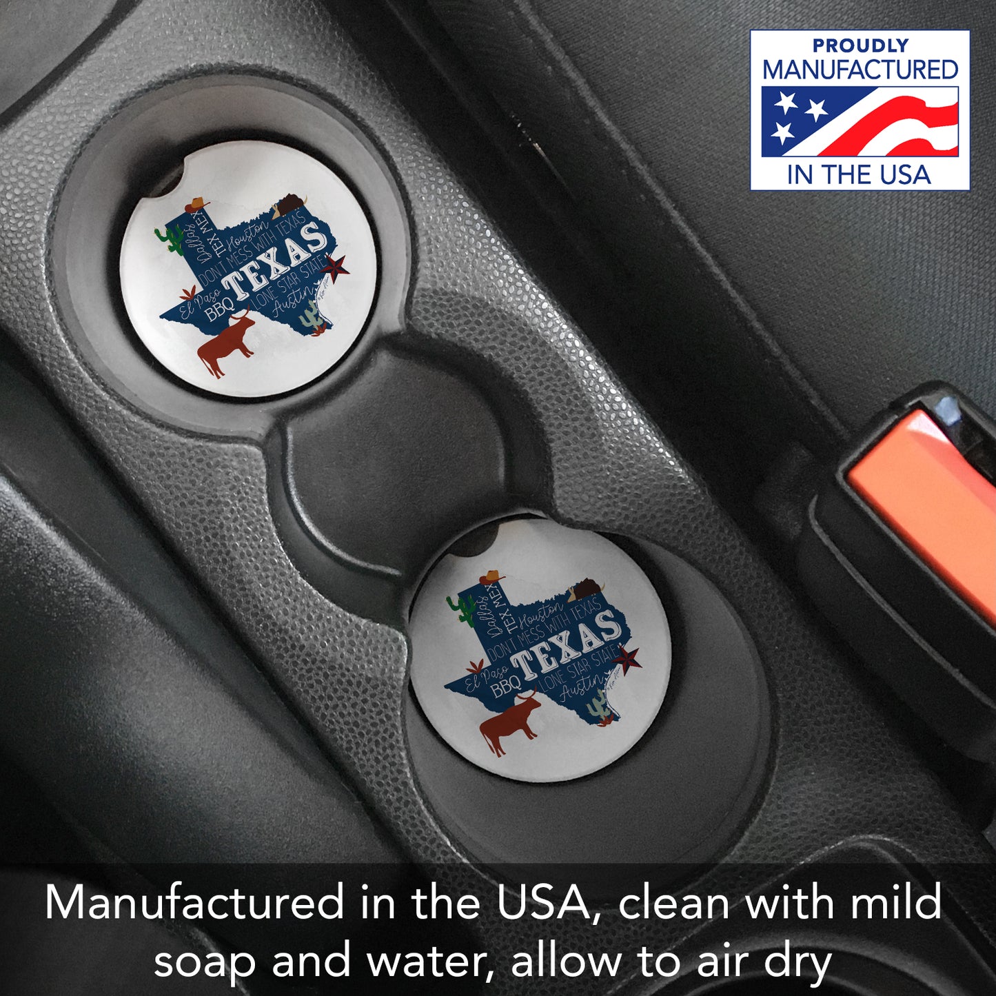 Texas Favorites 2 Pack Absorbent Stone Car Coasters 2.6" Manufactured in the USA