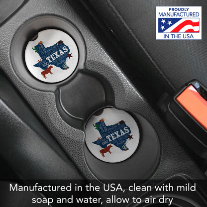 Texas Favorites 2 Pack Absorbent Stone Car Coasters 2.6" Manufactured in the USA