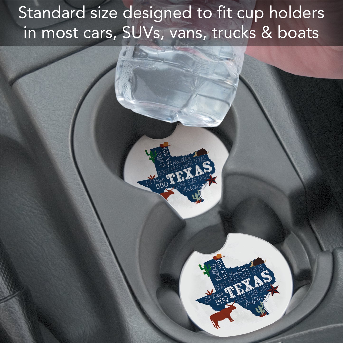 Texas Favorites 2 Pack Absorbent Stone Car Coasters 2.6" Manufactured in the USA