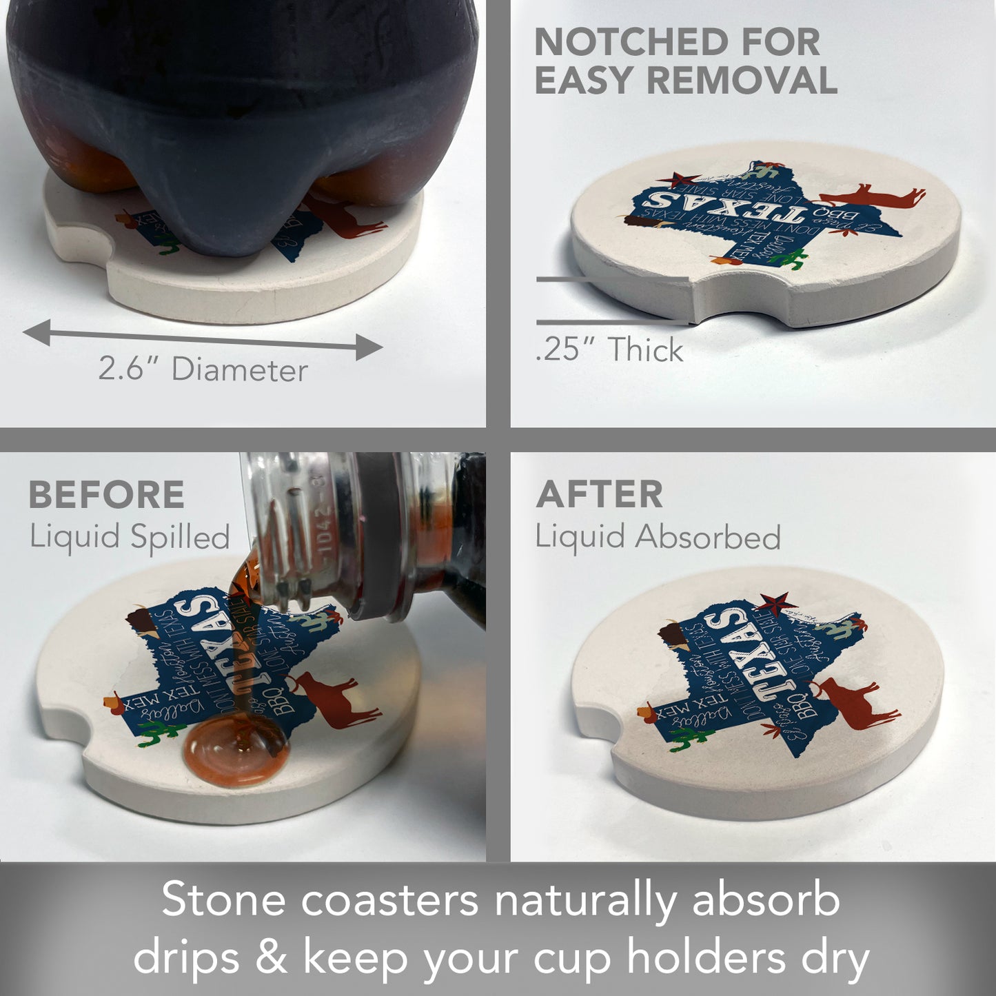 Texas Favorites 2 Pack Absorbent Stone Car Coasters 2.6" Manufactured in the USA