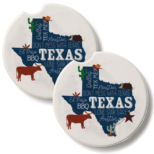 Texas Favorites 2 Pack Absorbent Stone Car Coasters 2.6" Manufactured in the USA