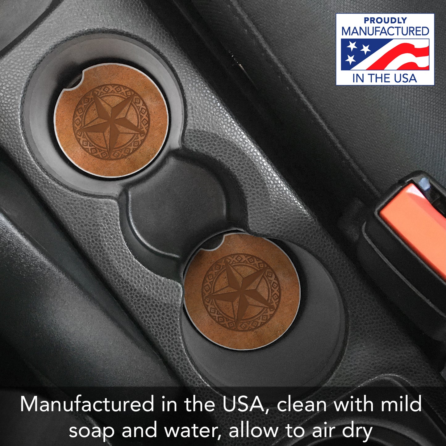 Leather Lonestar 2 Pack Absorbent Stone Car Coasters 2.6" Manufactured in the USA