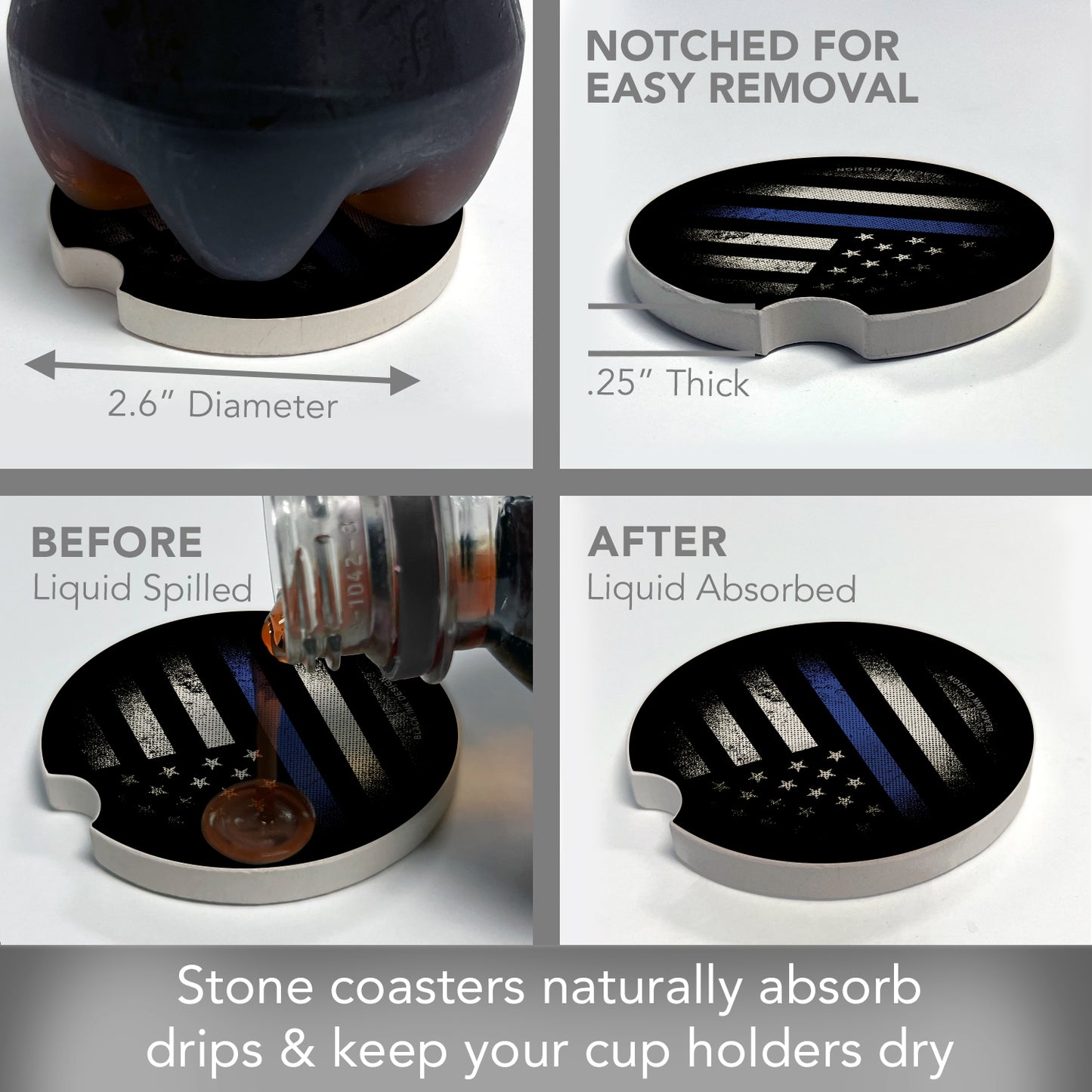 Blue Line 2 Pack Absorbent Stone Car Coasters 2.6" Manufactured in the USA