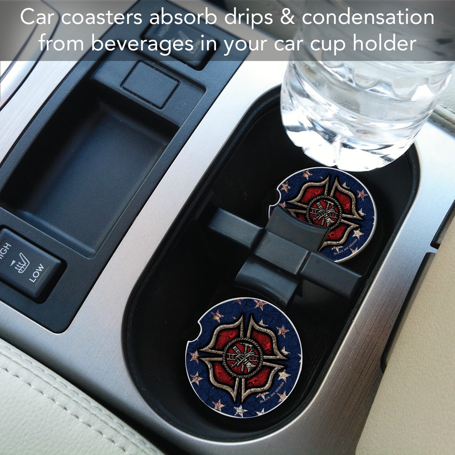 Firefighter 2 Pack Absorbent Stone Car Coasters 2.6" Manufactured in the USA