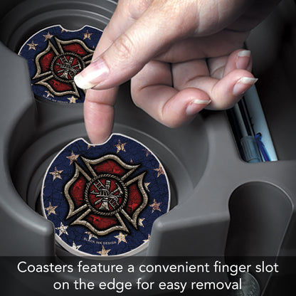 Firefighter 2 Pack Absorbent Stone Car Coasters 2.6" Manufactured in the USA