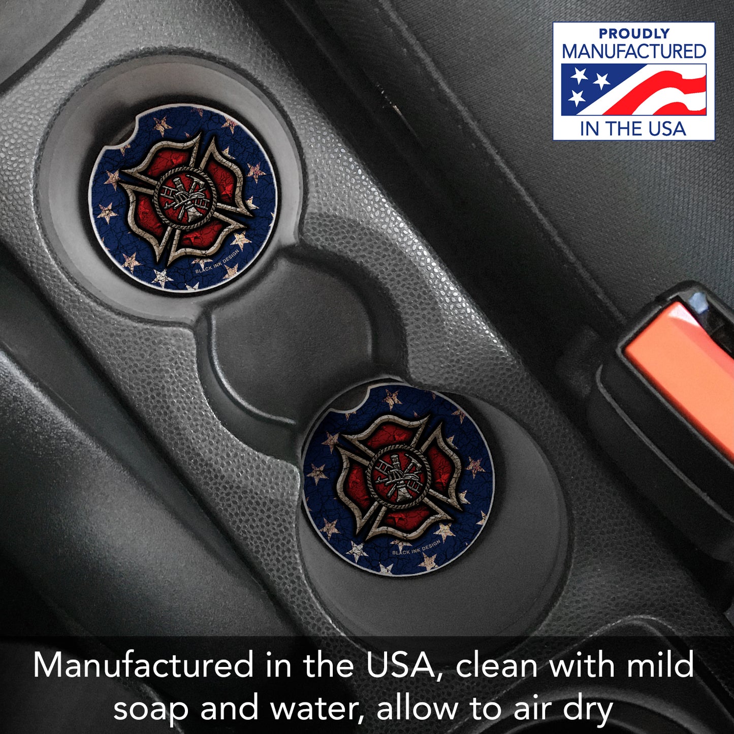 Firefighter 2 Pack Absorbent Stone Car Coasters 2.6" Manufactured in the USA