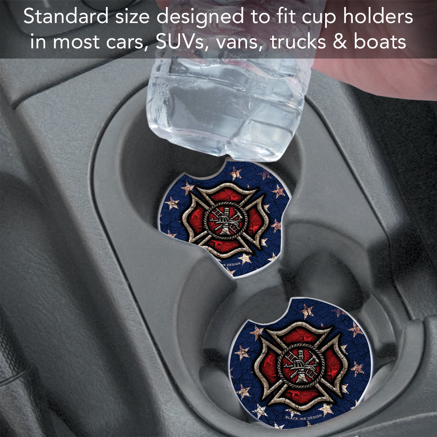 Firefighter 2 Pack Absorbent Stone Car Coasters 2.6" Manufactured in the USA