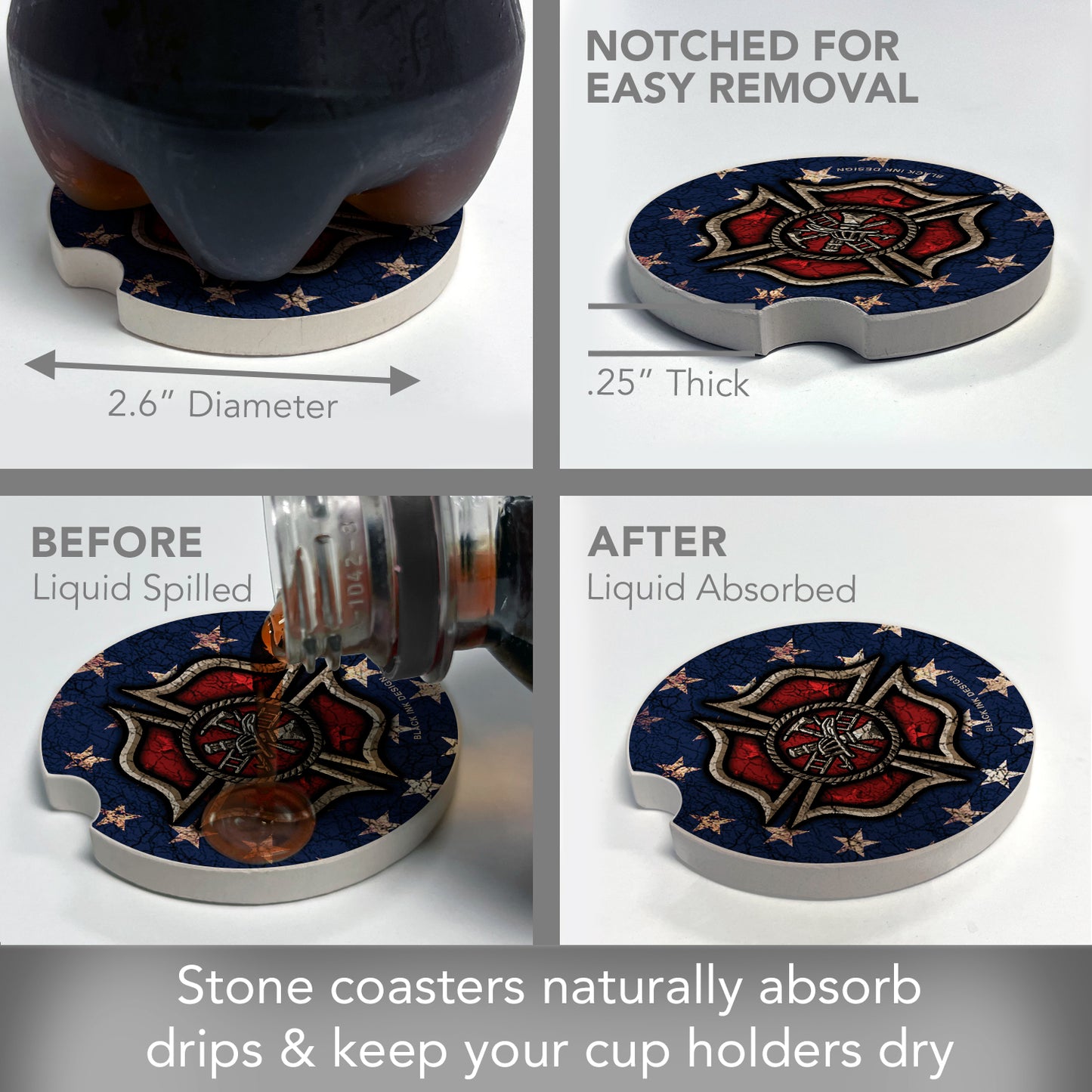 Firefighter 2 Pack Absorbent Stone Car Coasters 2.6" Manufactured in the USA
