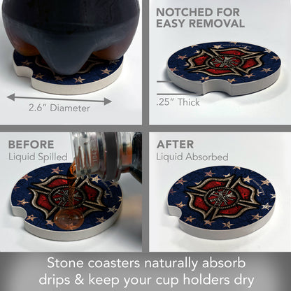 Firefighter 2 Pack Absorbent Stone Car Coasters 2.6" Manufactured in the USA
