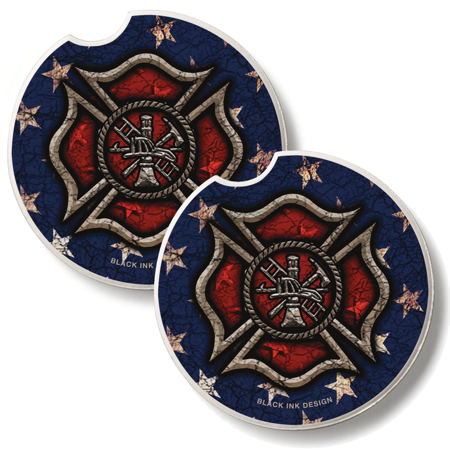 Firefighter 2 Pack Absorbent Stone Car Coasters 2.6" Manufactured in the USA