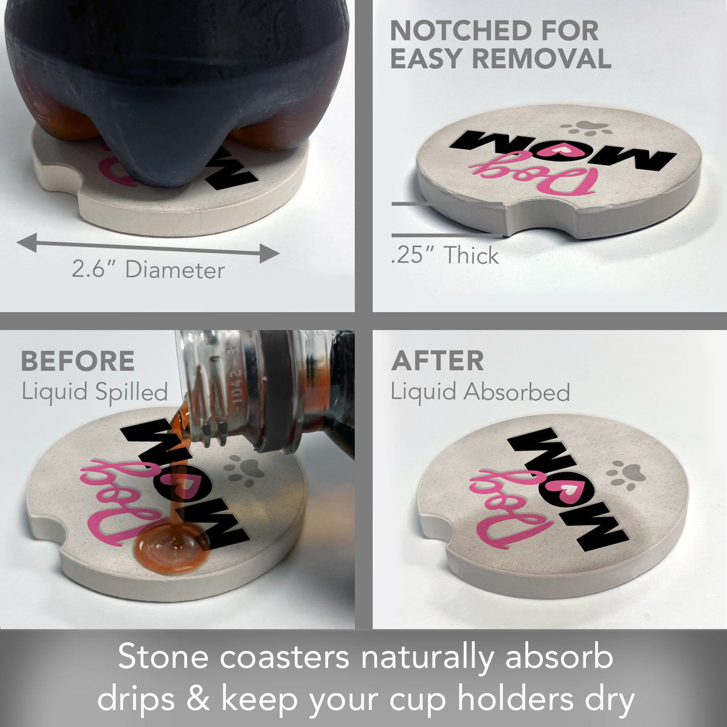 Dog Mom 2 Pack Absorbent Stone Car Coasters 2.6" Manufactured in the USA