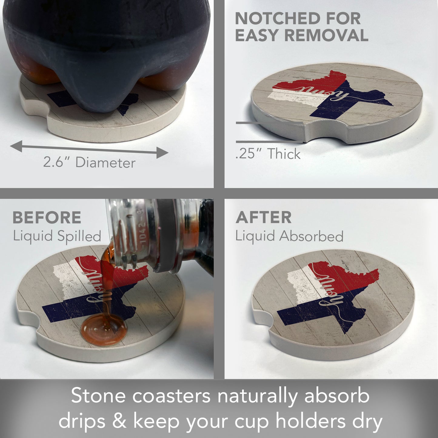 Texas Flag Home 2 Pack Absorbent Stone Car Coasters 2.6" Manufactured in the USA