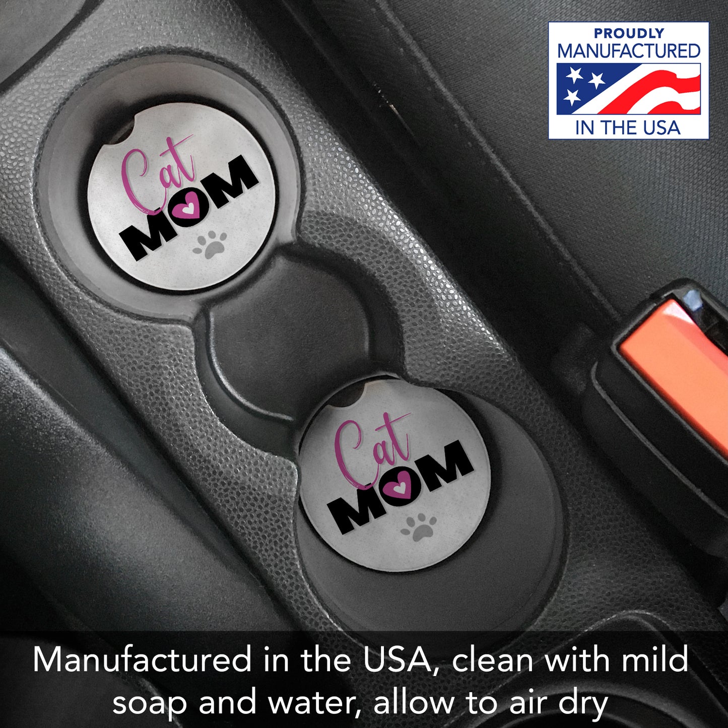 Cat Mom 2 Pack Absorbent Stone Car Coasters 2.6" Manufactured in the USA