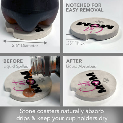 Cat Mom 2 Pack Absorbent Stone Car Coasters 2.6" Manufactured in the USA