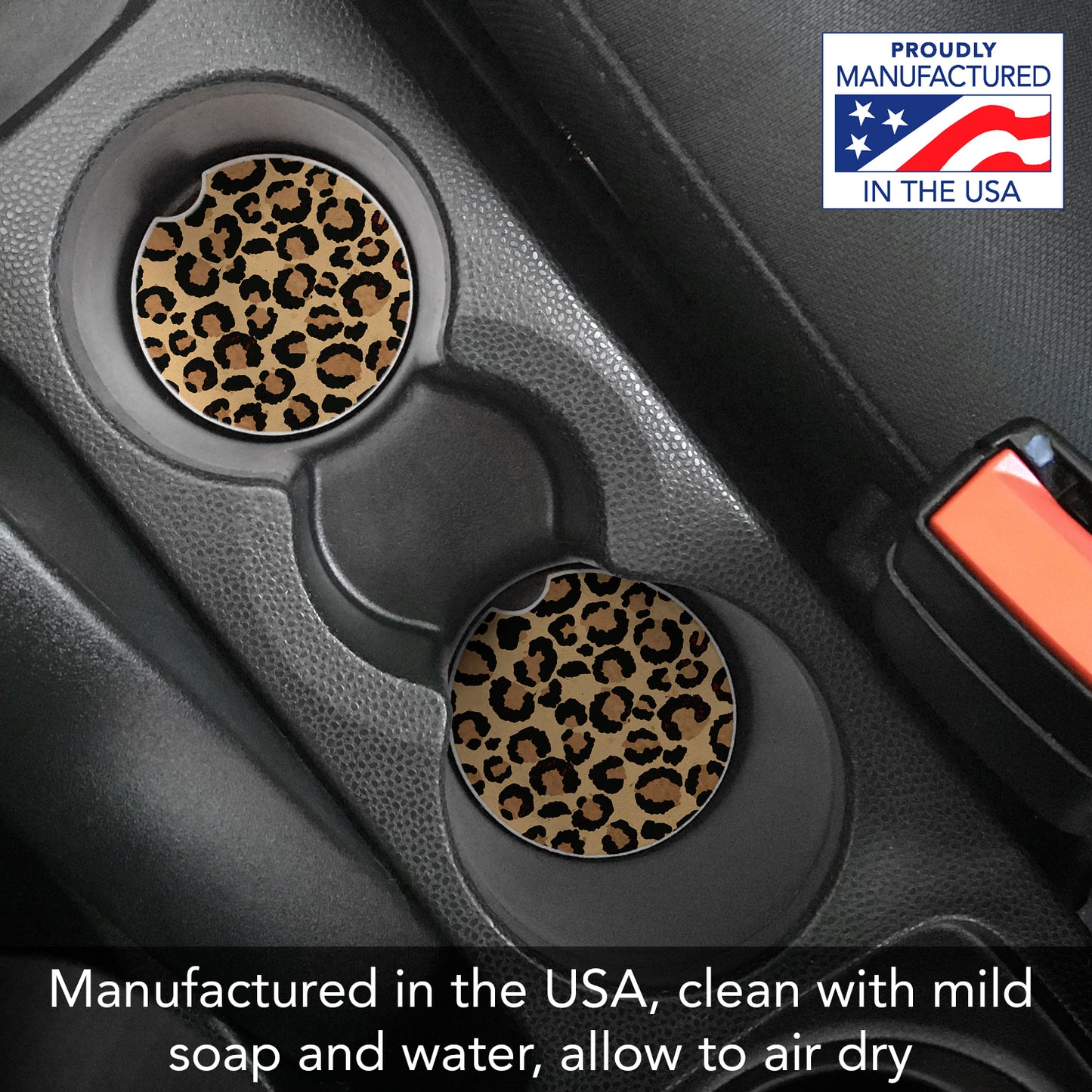 Leopard Print 2 Pack Absorbent Stone Car Coasters 2.6" Manufactured in the USA