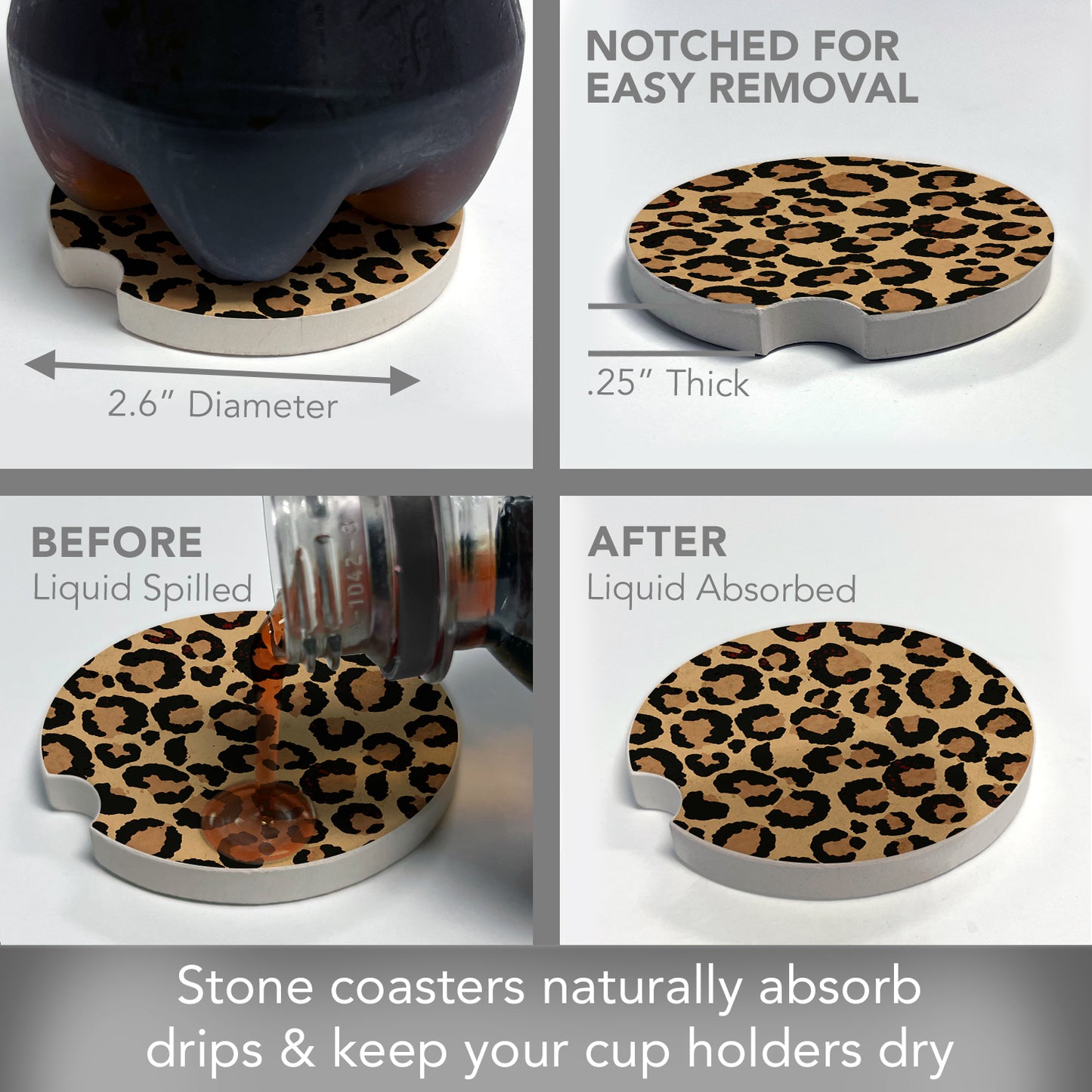 Leopard Print 2 Pack Absorbent Stone Car Coasters 2.6" Manufactured in the USA