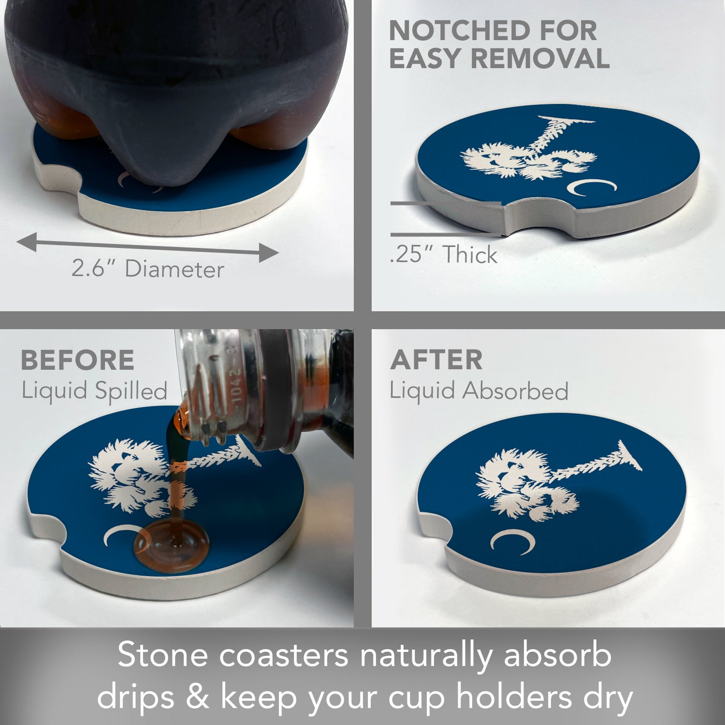 SC State Flag 2 Pack Absorbent Stone Car Coasters 2.6" Manufactured in the USA