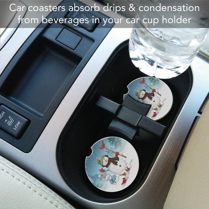 Snowman Family 2 Pack Absorbent Stone Car Coasters 2.6" Manufactured in the USA