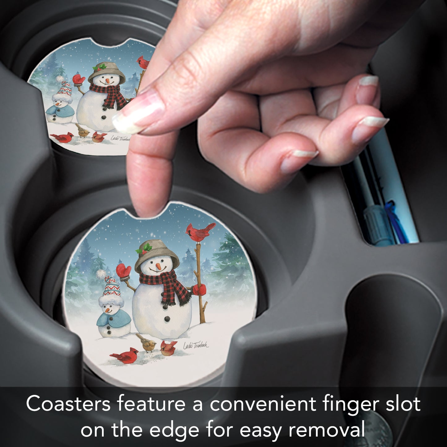 Snowman Family 2 Pack Absorbent Stone Car Coasters 2.6" Manufactured in the USA