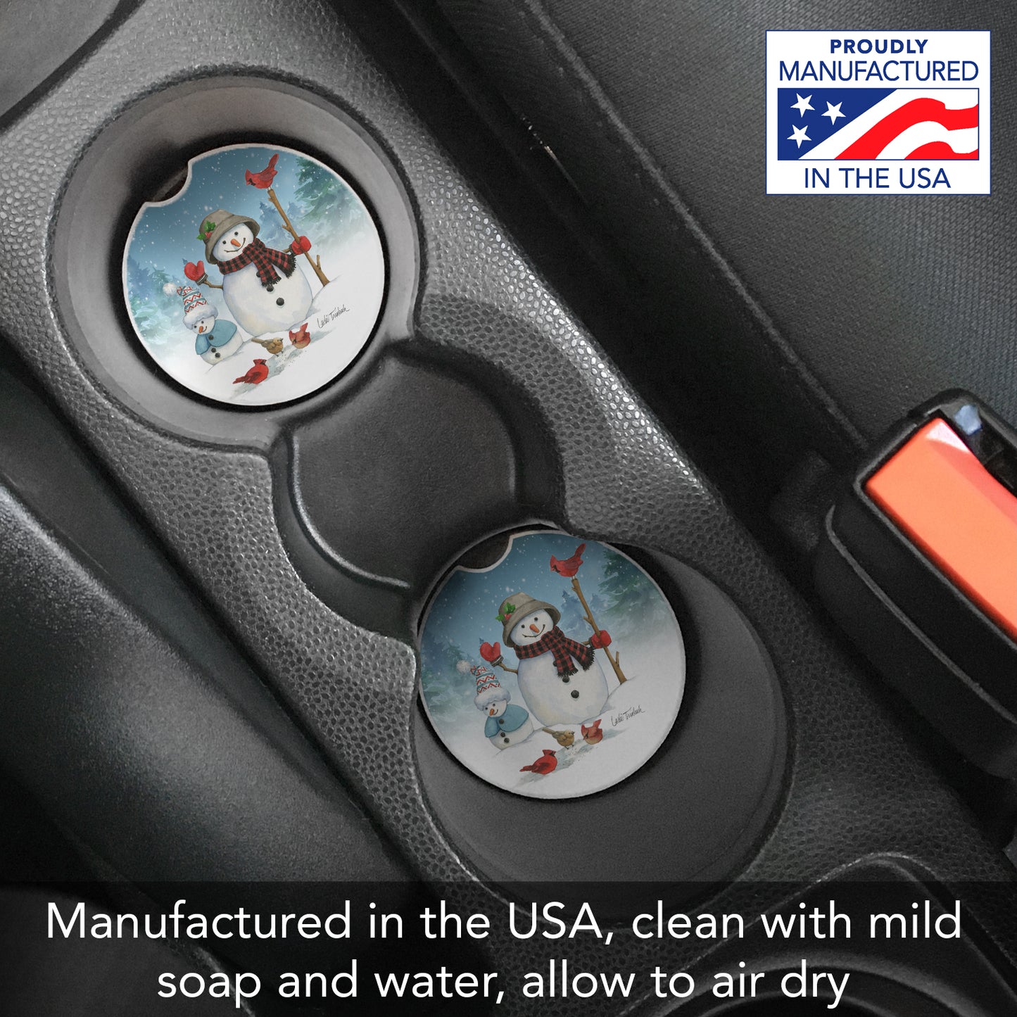 Snowman Family 2 Pack Absorbent Stone Car Coasters 2.6" Manufactured in the USA