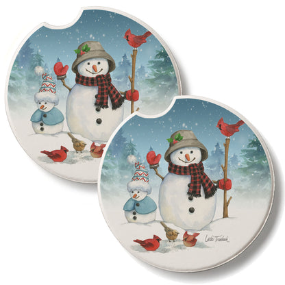 Snowman Family 2 Pack Absorbent Stone Car Coasters 2.6" Manufactured in the USA