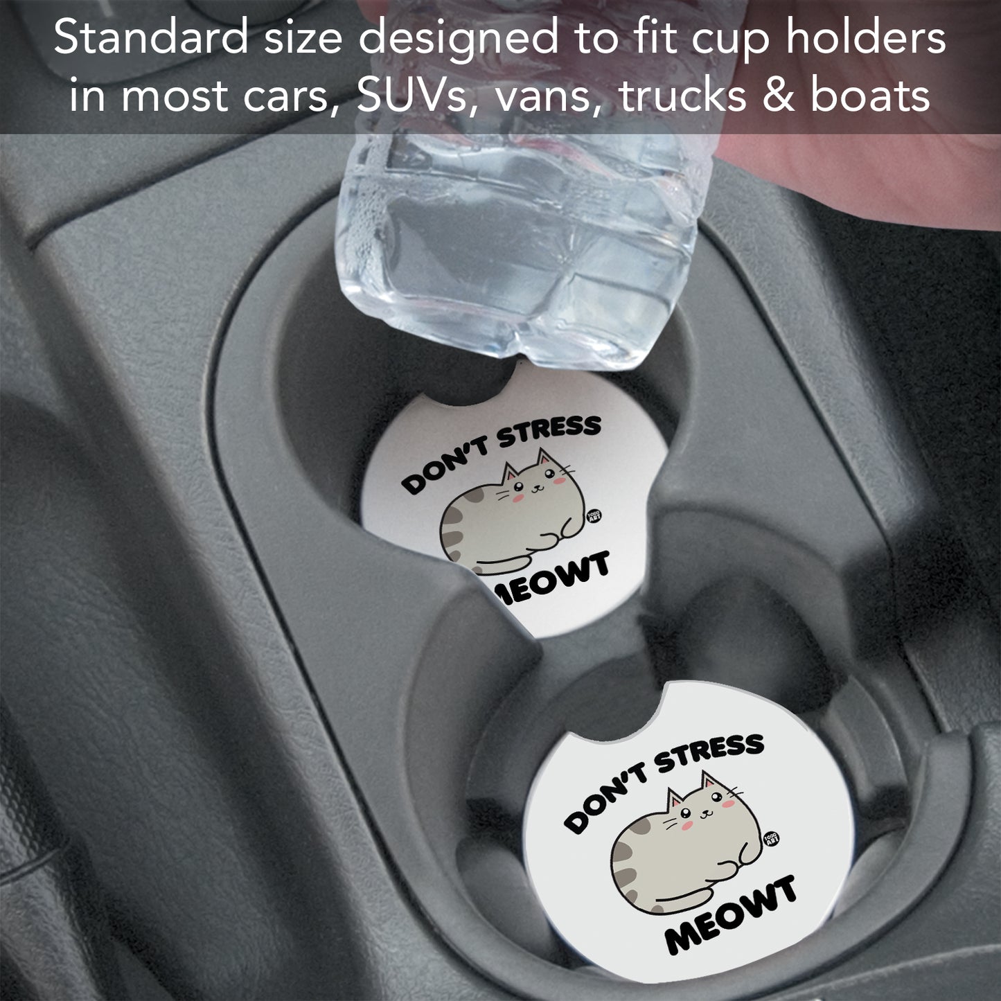 Don't Stress Meowt 2 Pack Absorbent Stone Car Coasters 2.6" Manufactured in the USA